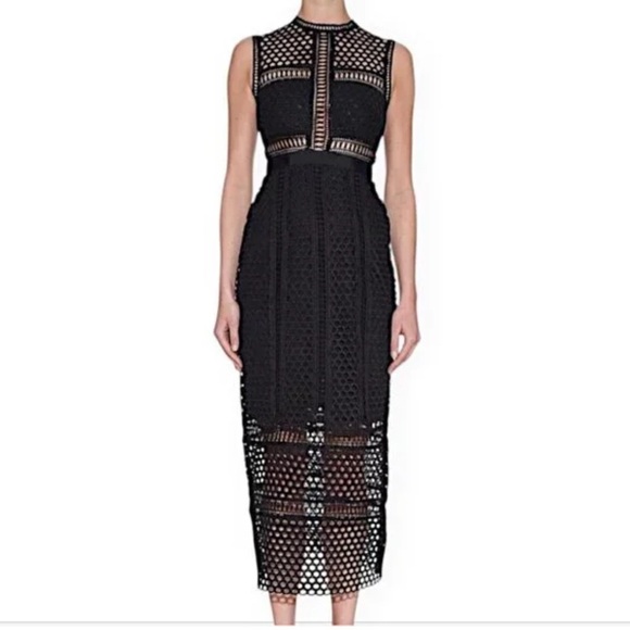 Self-Portrait Black Crochet Lace Midi Dress Size 4 Self-Portrait Black Crochet Lace Midi Dress Size 4